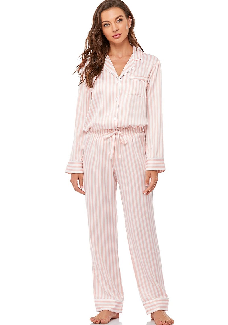 Serenedelicacy Women's Satin Pajama Set Long Sleeve Button Down Sleepwear 2-Piece Silky Pj Set (Medium, Blush/Ivory, Stripe) - Image 3